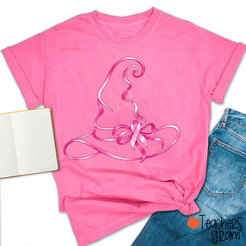 Halloween Witch Hat Pink Ribbon Breast Cancer Support Teacher T‑Shirt