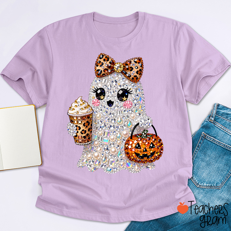 Faux Rhinestone Ghost Leopard Bow Coffee Pumpkin Teacher T-Shirt