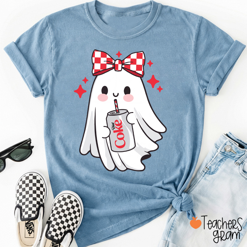 Cute Ghost With Red Checkered Bow Soda Drink Halloween Teacher T-Shirt