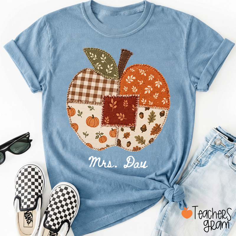 Personalized Name Faux Patchwork Punkpkin Teacher T-Shirt
