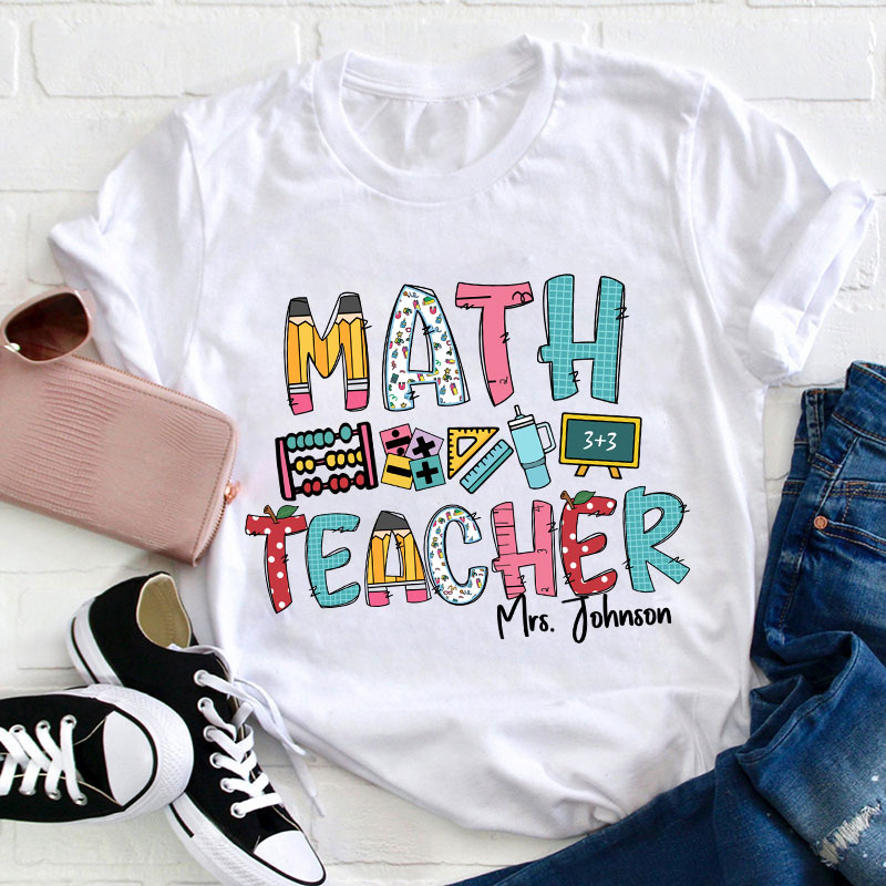 Personalized Math Teacher's Name Cute Math Icon Teacher T-Shirt Sale-Teachersgram