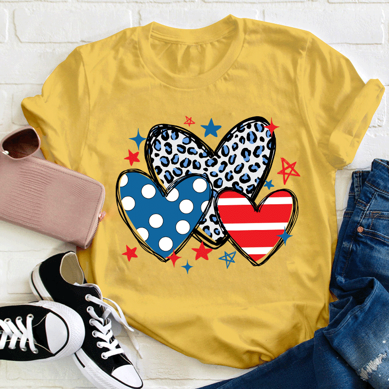 American Hearts Leopard Print Teacher T-Shirt