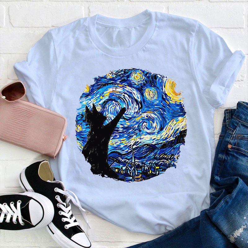 Starry Night And Cat Teacher T-Shirt