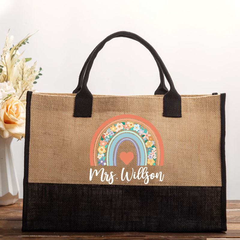 Personalized Flower Rainbow Teacher Cotton Tote Bag