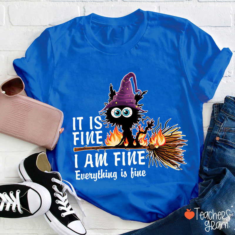 It Is Fine I Am Fine Everything Is Fine Halloween Broom Cat Teacher T-Shirt