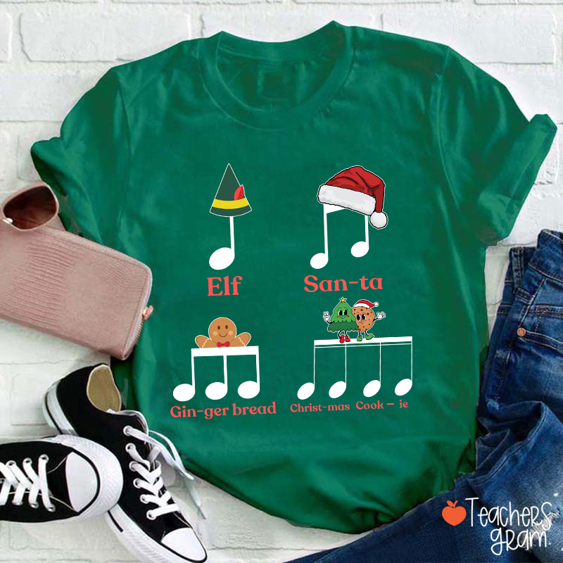 Elf Santa Music Note Teacher T-Shirt