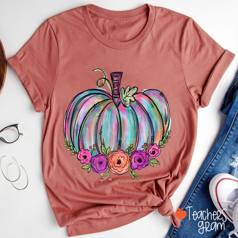 Colorful Pumpkin Watercolor Pumpkin Teacher T-Shirt