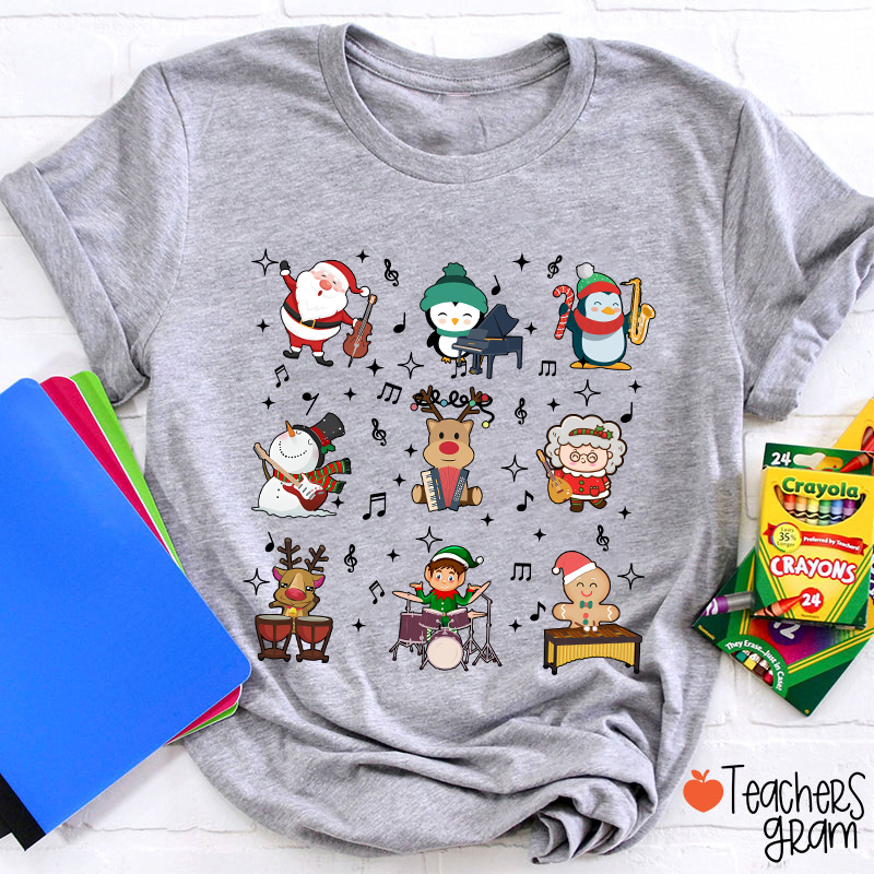 Cute Christmas Cartoons Playing Musical Instruments TeacherT-Shirt