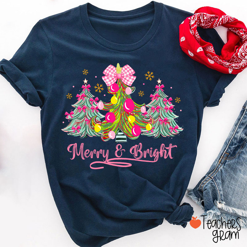 Fantasy Bow Christmas Tree Merry And Bright Christmas Teacher T-Shirt