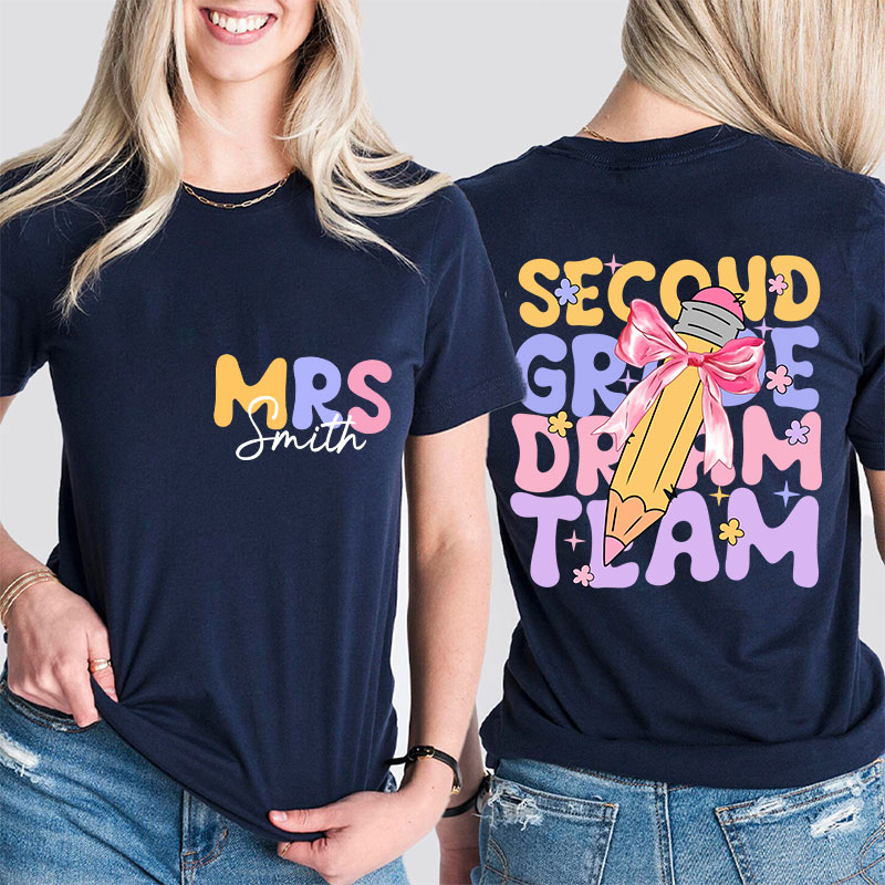 Personalized Teacher's Name And Grade Bow Pencil Print Teacher Two Sided T-Shirt