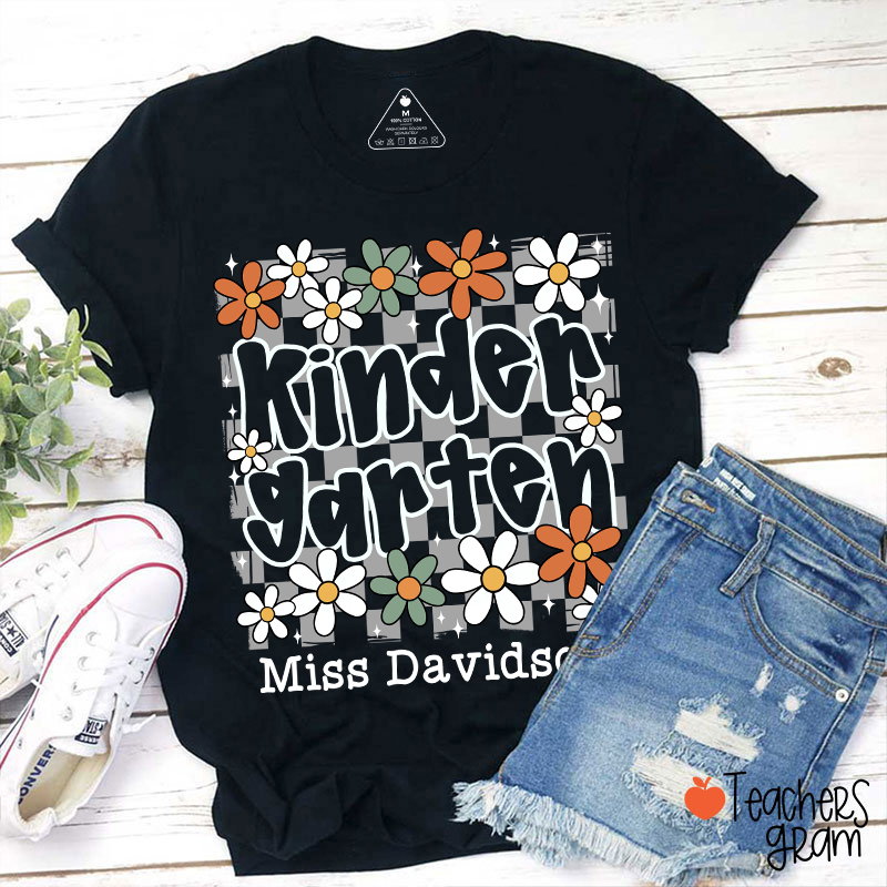 Personalized Text And Name Checkered Flowers Teacher T-Shirt
