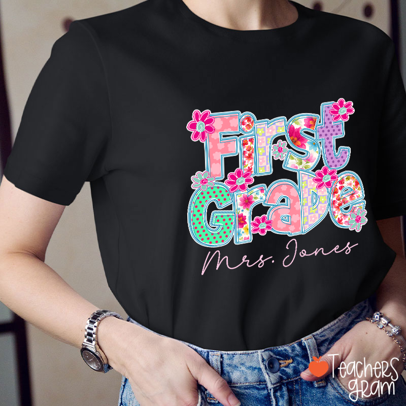 Personalized Grade Flowers Font Teacher T-Shirt