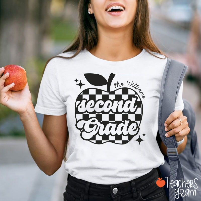 Personalized Black And White Checkerboard Apple And Name Teacher T-Shirt