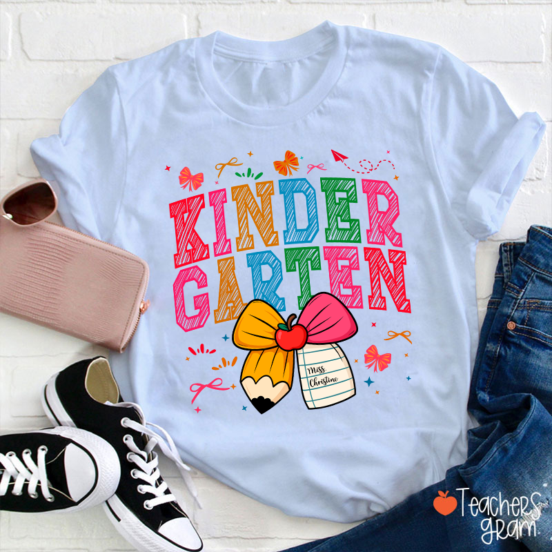 Personalized Grade Name Bow Hand-Drawn Pencil Apple Teacher T-Shirt