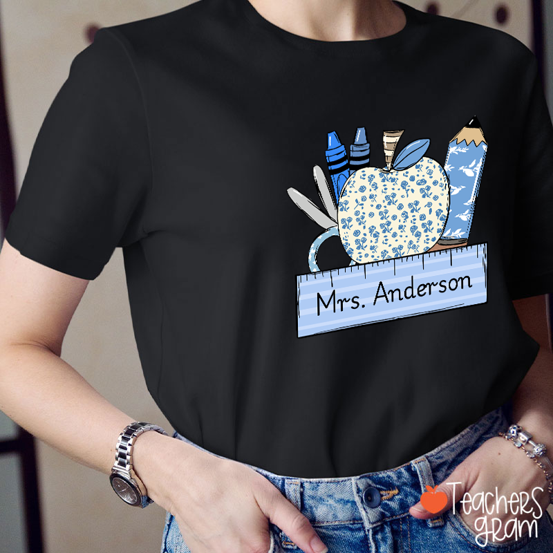 Personalized Name Blue Apple Pencil Crayon Scissors Ruler Teacher T-Shirt