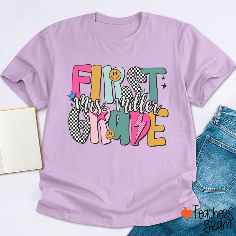 Personalized Grade Checkered Smiley Lightning Teacher T-Shirt
