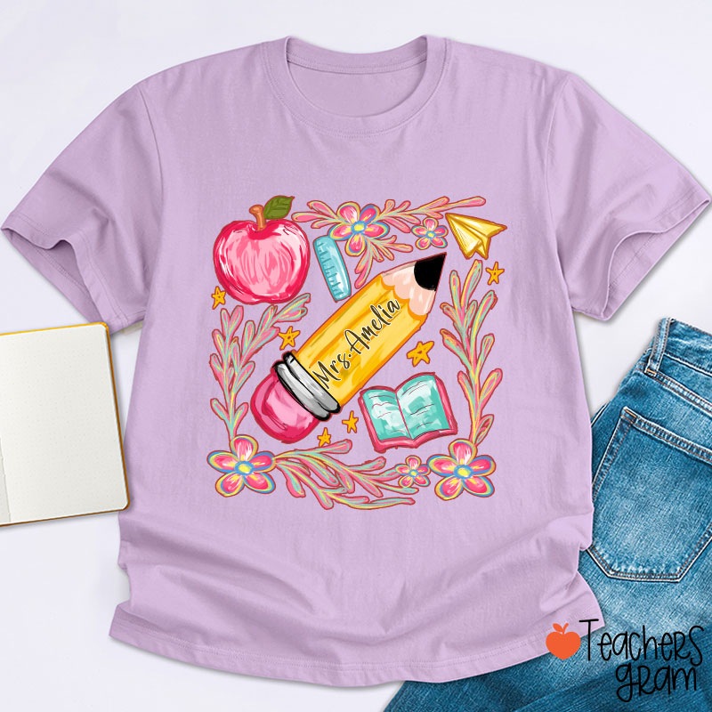 Flowers Pencil Apple Book Star Teacher T-Shirt