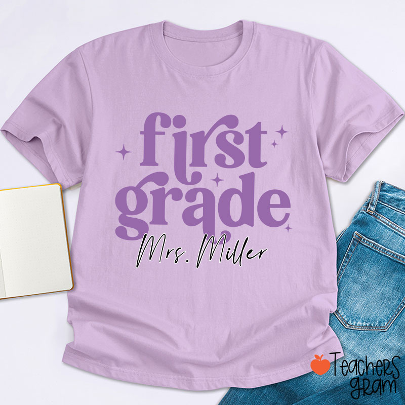 Personalized Grade Name Monochrome Stars Teacher T-Shirt