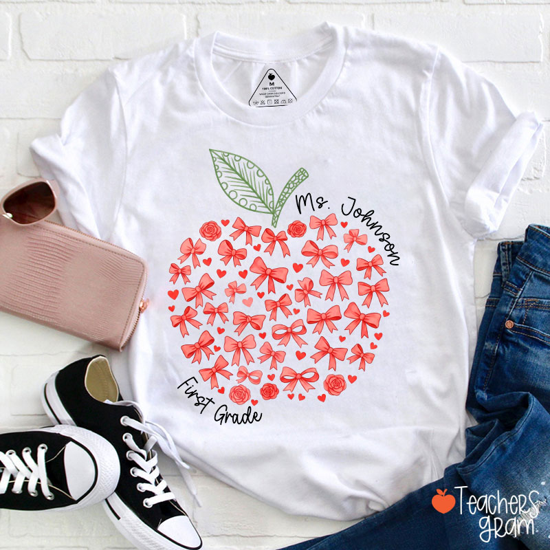 Personalized Name Or Grade Bow Apple Teacher T-Shirt