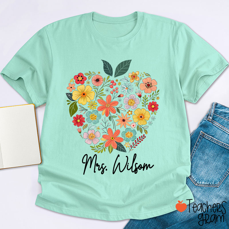 Personalized Floral Apple Name Teacher T-Shirt