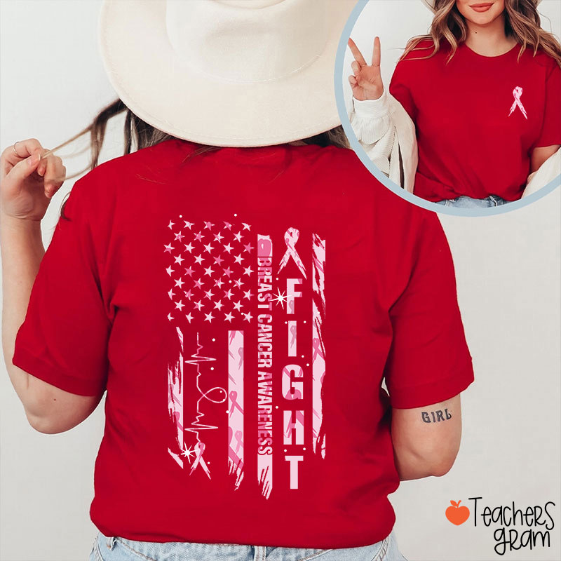 Pink Ribbon Fight Breast Cancer Awareness Teacher Two Sided T-Shirt