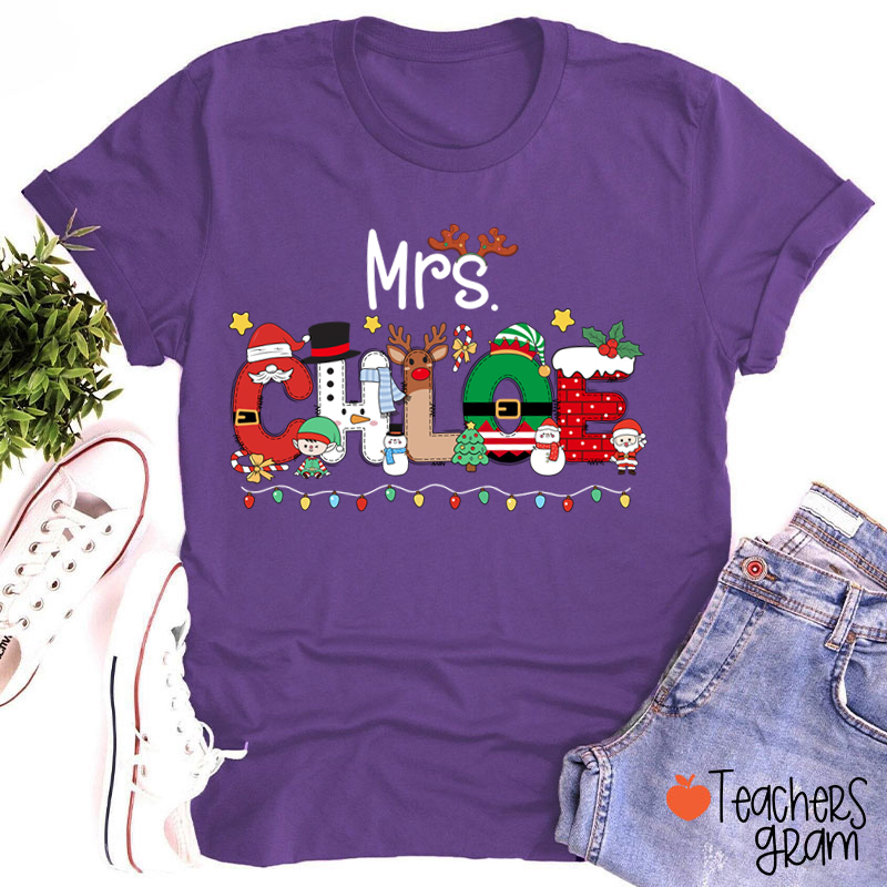 Personalized Name Christmas Lights Teacher T-Shirt