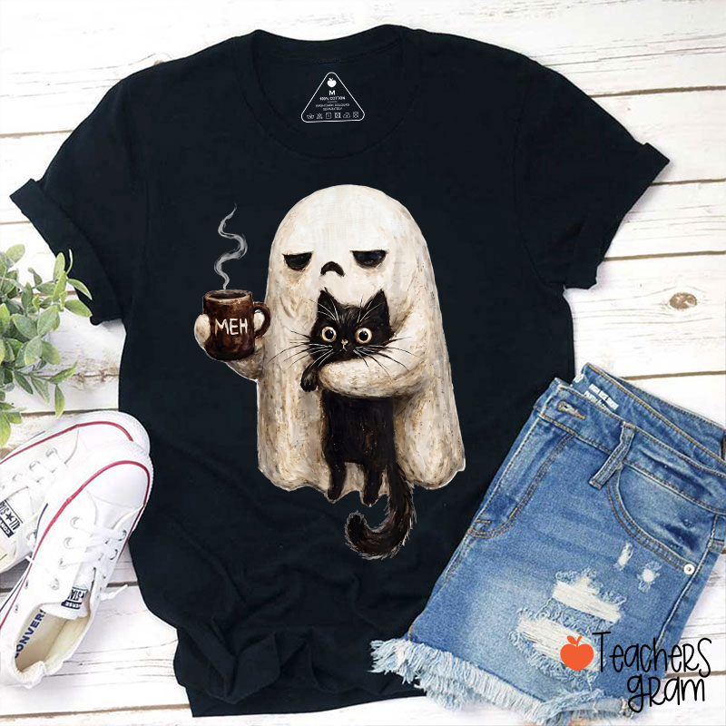 Grumpy Ghost Holding Black Cat Coffee Cup Funny Halloween Teacher T‑Shirt