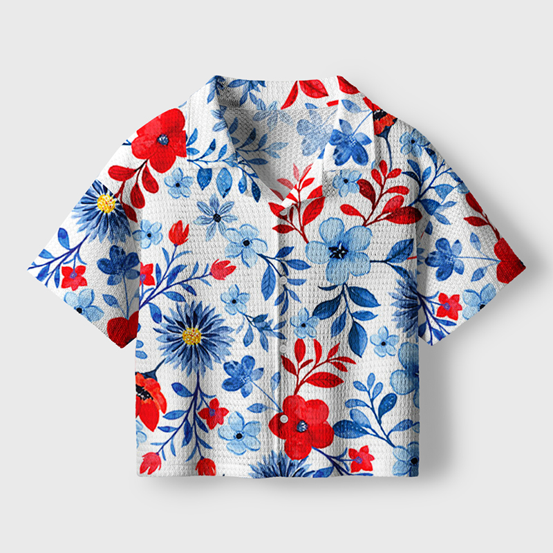 Boho Floral Patriotic Teacher Crochet Crop Camp Shirt