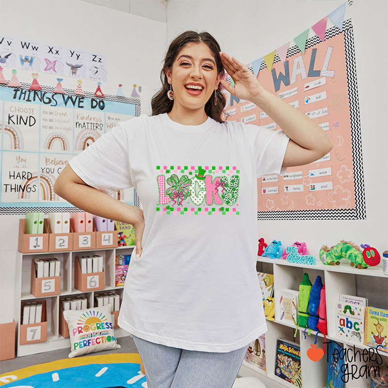 Checkered Brushstroke Shamrock Teacher T-Shirt