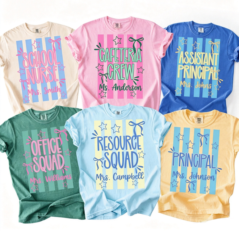 Personalized Name Retro Stripes Bow Star Squad Crew Cute Teacher Two Sided T-Shirt