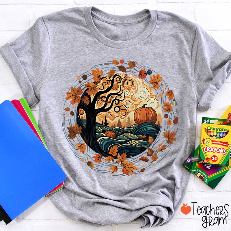 Cottagecore Pumpkins Leaves Trees Fall Vibe Teacher T-Shirt