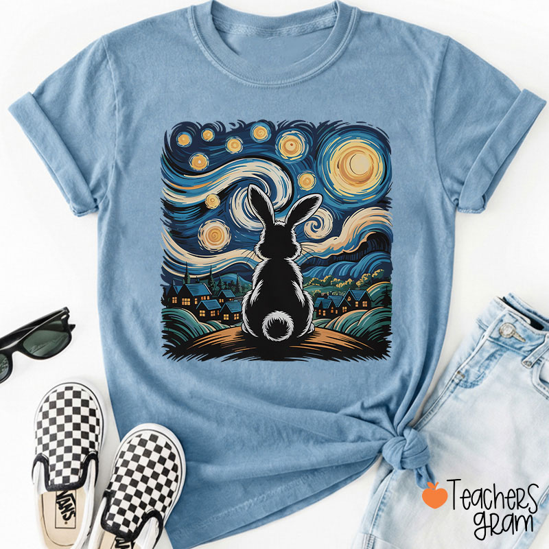 Starry Night Van Gogh Rabbit Teacher T-Shirt