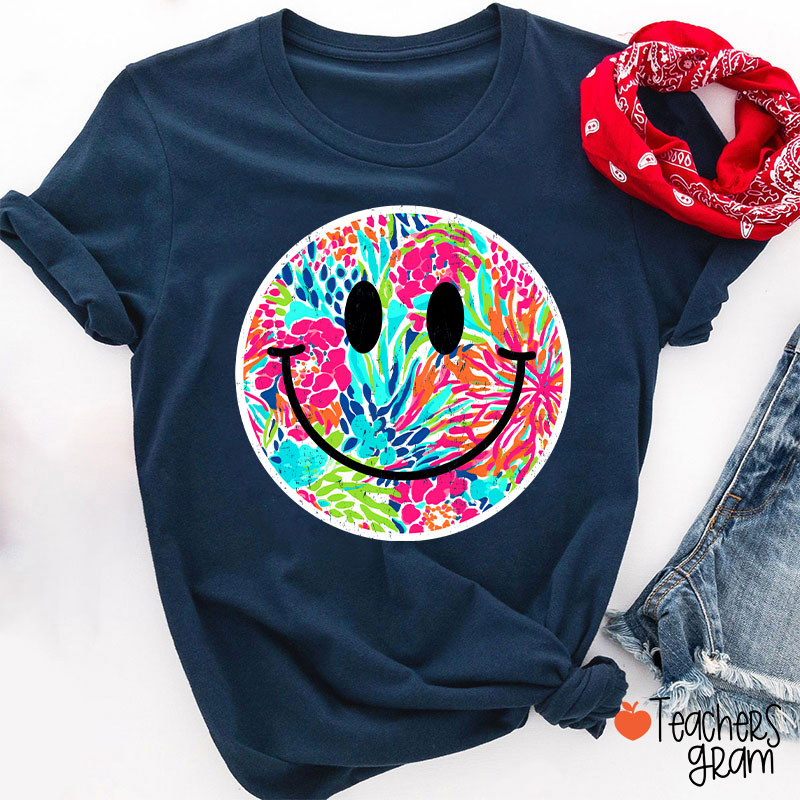 Smile Face Summer Floral Retro Beach Vibes Teacher T-Shirt