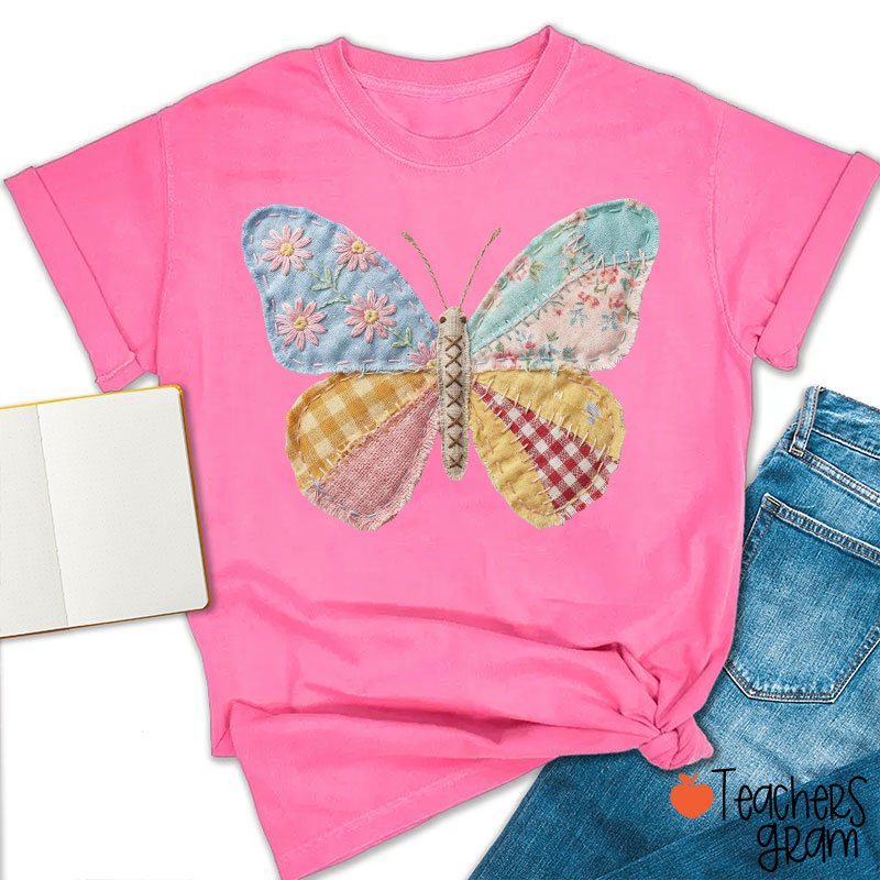 Faux Patchwork Butterfly Teacher T-Shirt