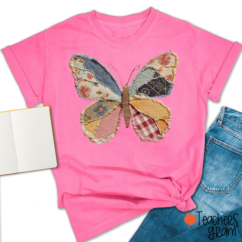 Faux Patchwork Butterfly Teacher T-Shirt