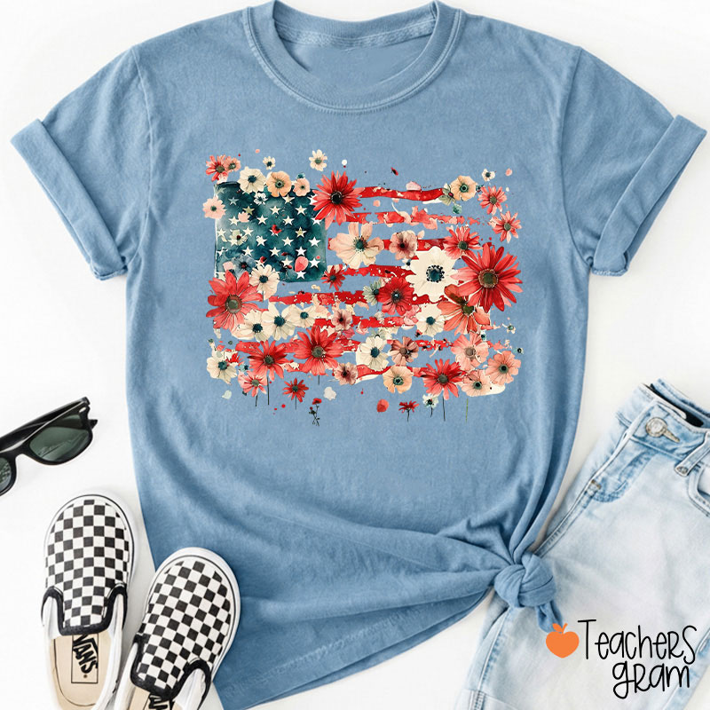 American Flag Floral Teacher T-Shirt