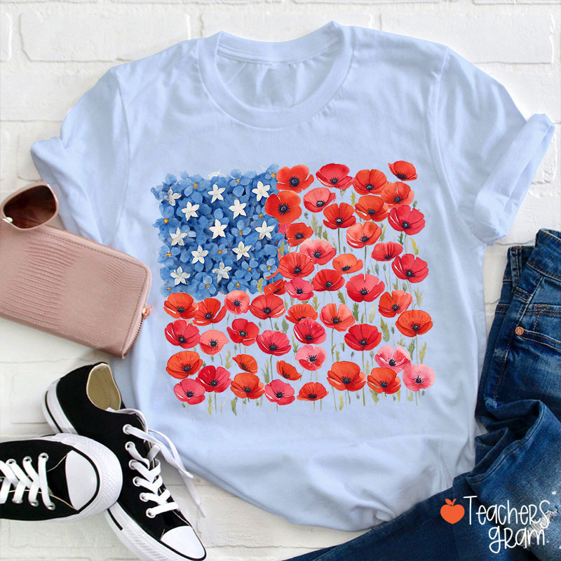 Floral USA Flag 250th Anniversary Teacher T-Shirt