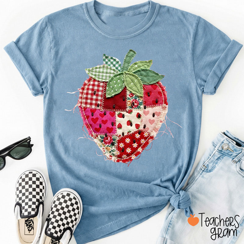 Faux Patchwork Strawberry Teacher T-Shirt