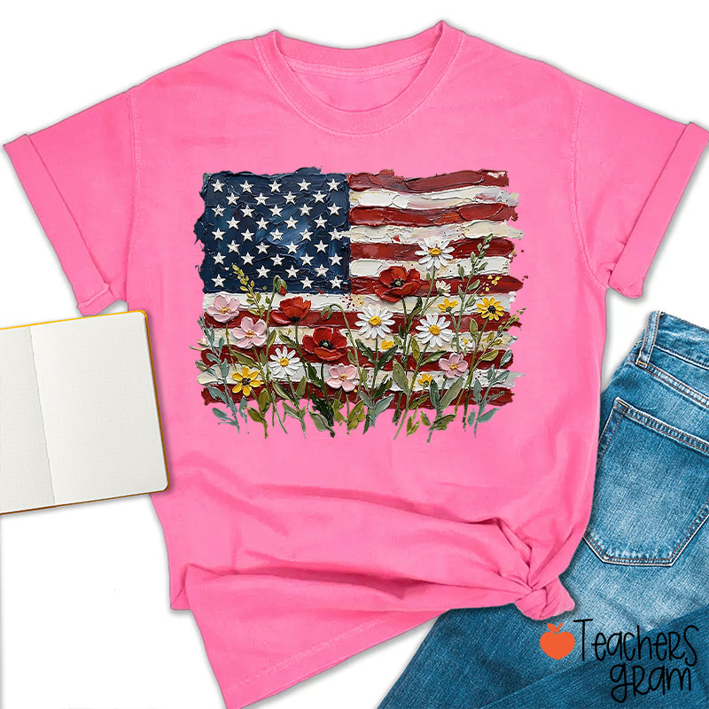 American Flag Floral Teacher T-Shirt