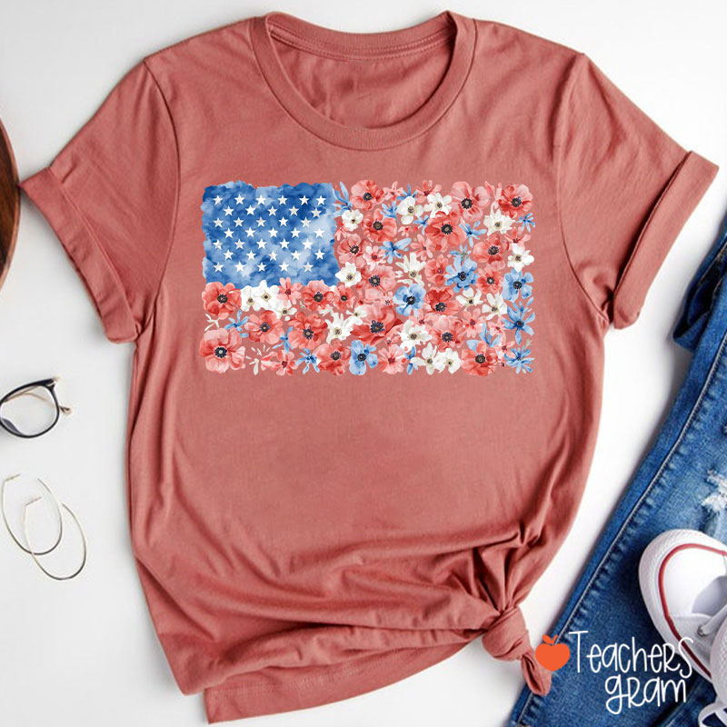 Vintage Floral USA Flag Teacher T-Shirt