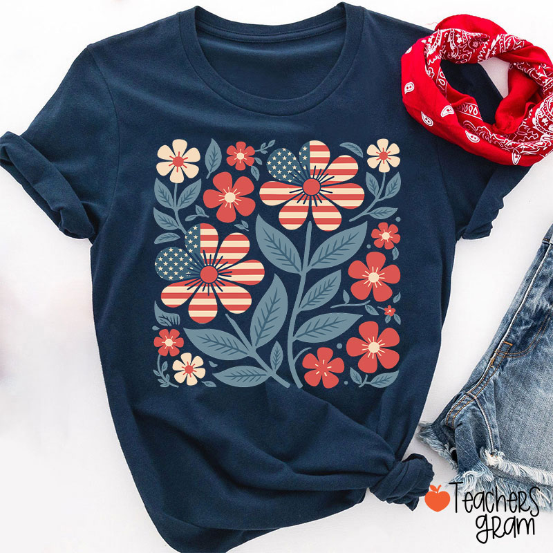 Boho Patriotic Daisy Teacher T-Shirt