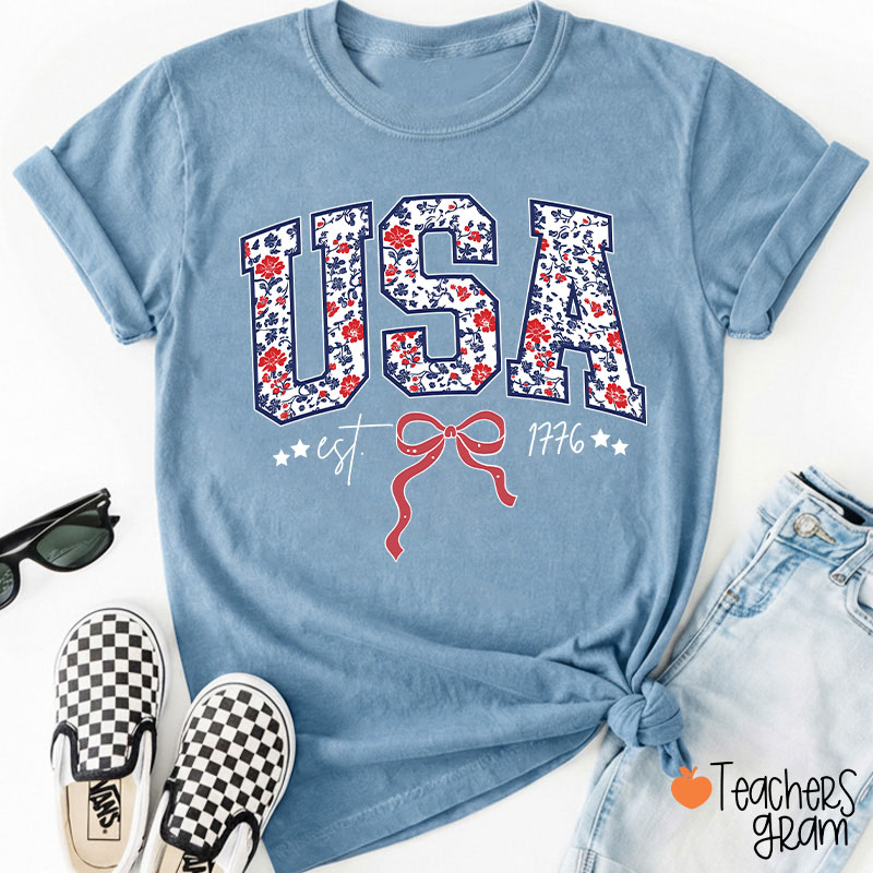 Floral USA Coquette Patriotic Teacher T-Shirt
