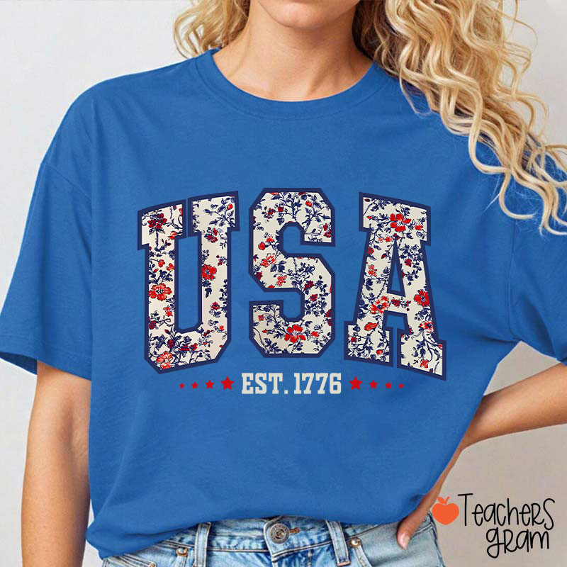 Retro Floral USA Teacher T-Shirt