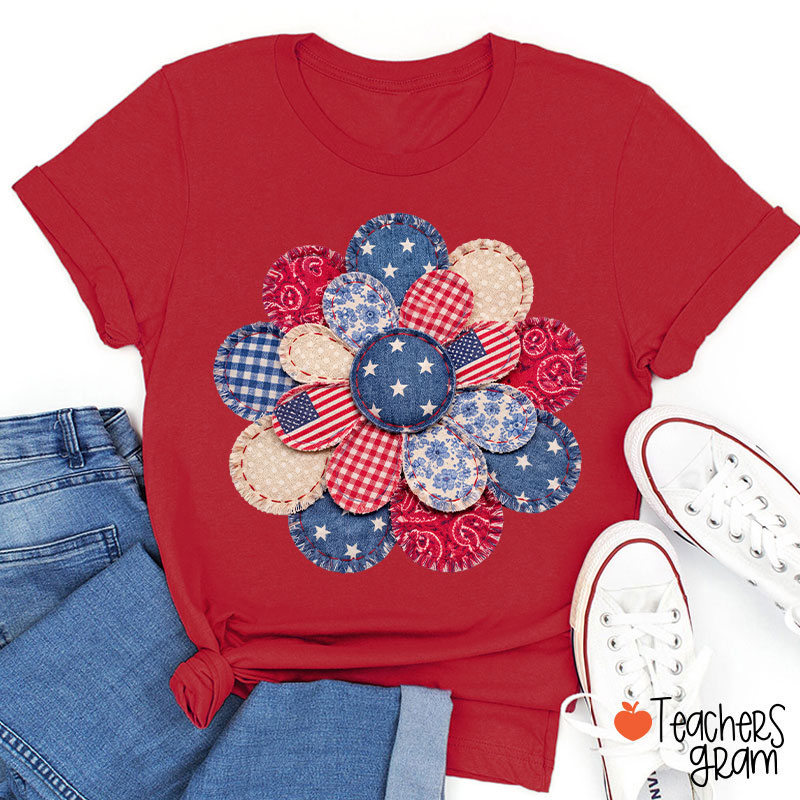 Faux Patchwork American Flag Flower Teacher T-Shirt