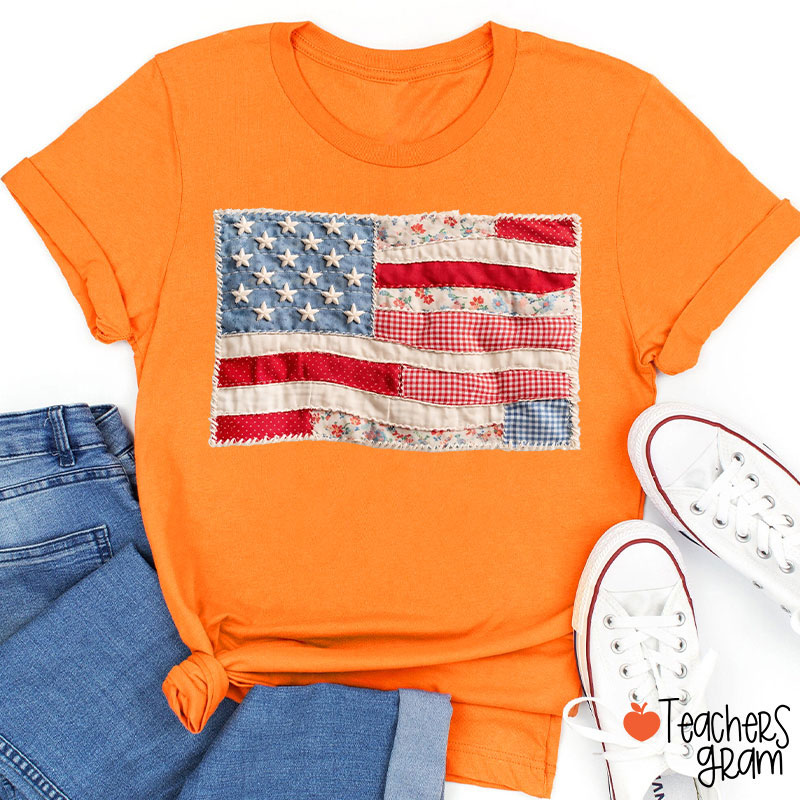 Faux Patchwork American Flag Teacher T-Shirt