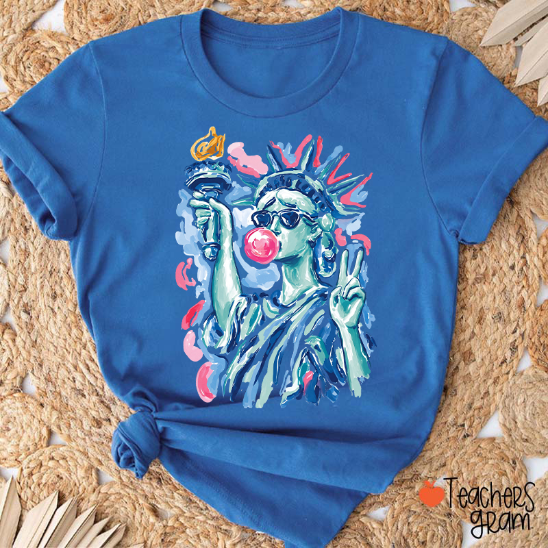 Preppy Statue Of Liberty Blowing Bubble Teacher T-Shirt