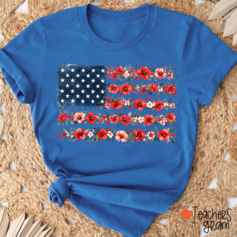 American Flag Wild Flower Teacher T-Shirt