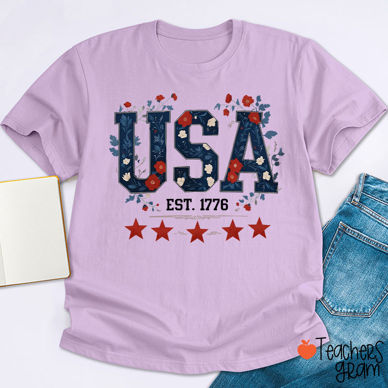 Floral USA Est 1776 Teacher T-Shirt