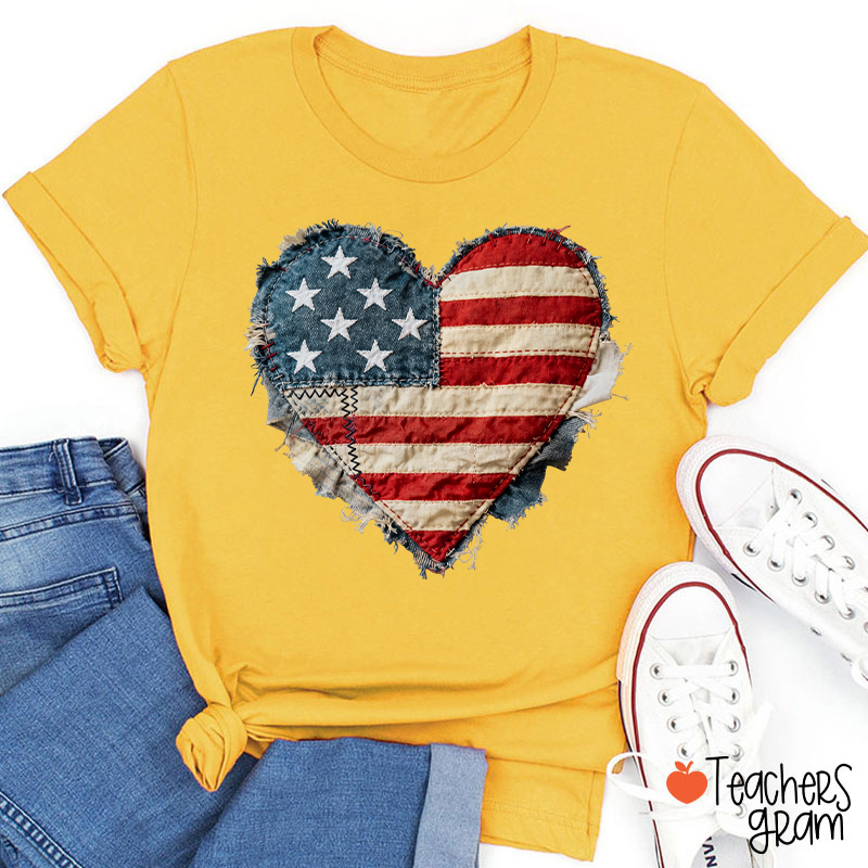 Faux Patchwork American Flag Heart Teacher T-Shirt