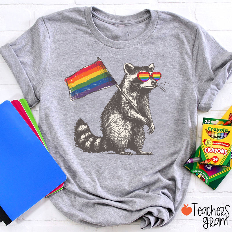Funny Raccoon Rainbow Flag Pride Teacher T-Shirt